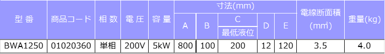 B型単相200V用水用投込みヒーター仕様表