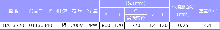 B型単相200V用油用投込みヒーター仕様表